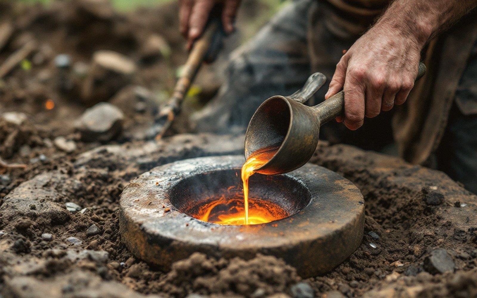 A smith pouring molten bronze into a stone mould